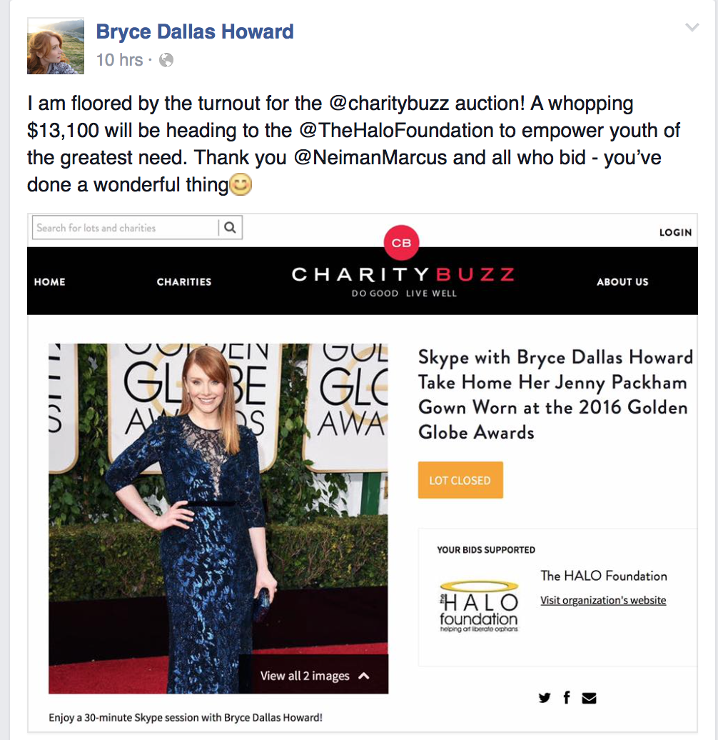 Bryce Dallas Howard raises $13,100 to benefit HALO - HALO Bryce Dallas Howard raises $13,100 to benefit HALO - HALO