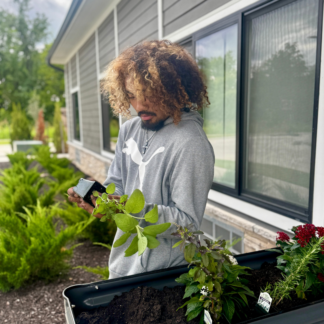 boy planting flowers at home